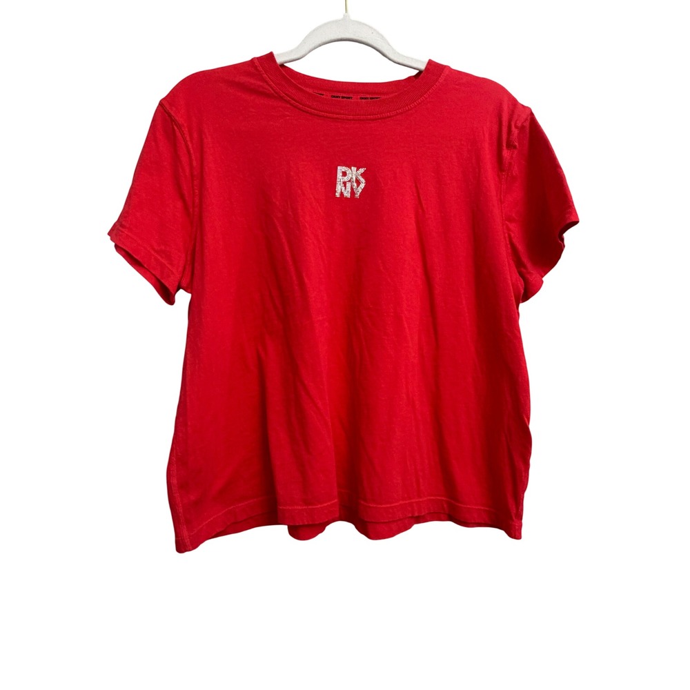 DKNY Sport Womens Size Large Red Rhinestone Logo Short Sleeve T-Shirt Small Flaw